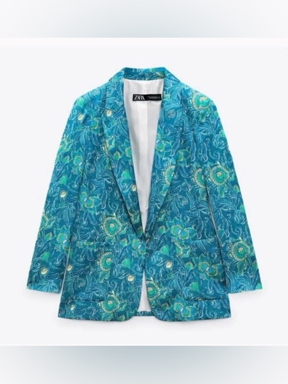 New Zara 70s Blue Yellow Floral Vintage Print Retro Satin Suit Blazer Size Large